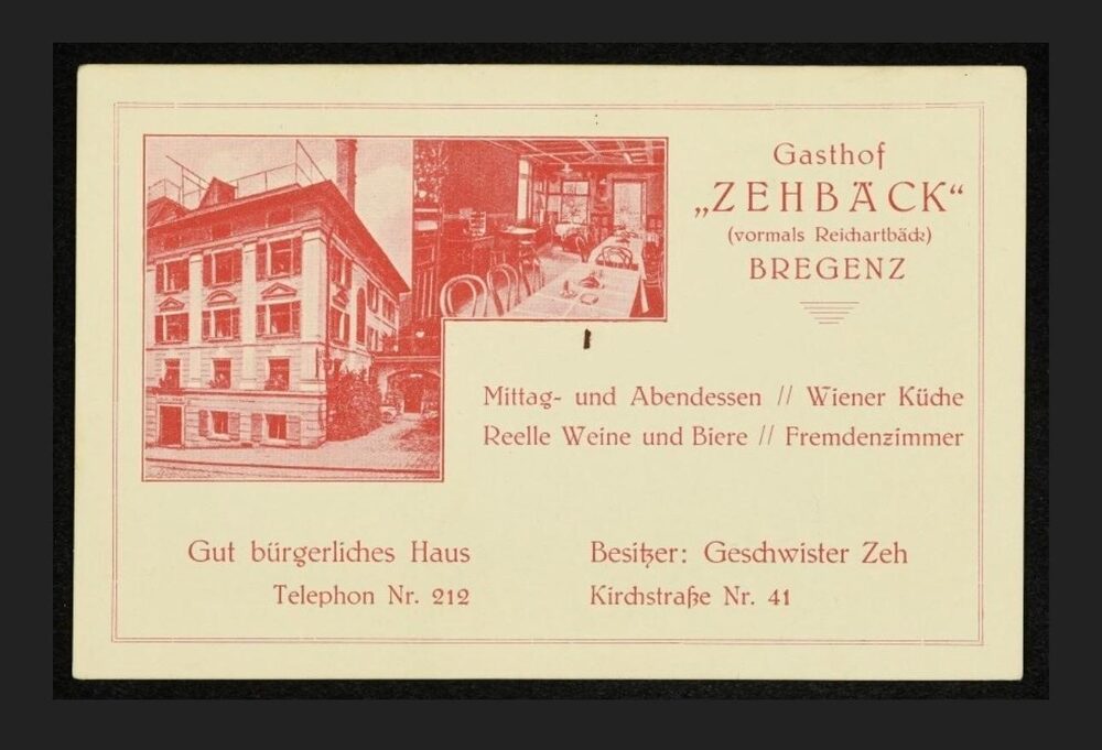 Historische Werbepostkarte des Gasthofs Zehbäck in Bregenz mit Außenansicht des Hauses und Blick in die Gaststube