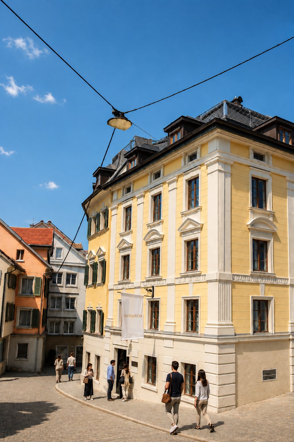 Die Kirchstraße 39 von der Straßenecke, mit stadtgold39-Fahne über dem Eingang